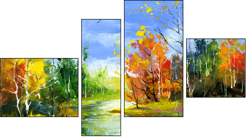 Autumn landscape with the wood river  - Obraz czteroczęściowy, Fortyk