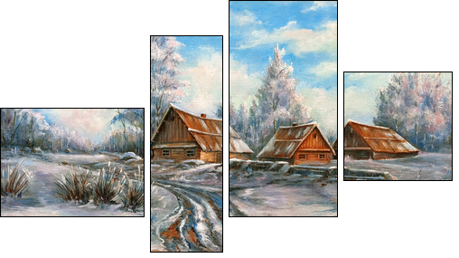 The winter rural landscape drawn by oil on a canvas  - Obraz czteroczęściowy, Fortyk