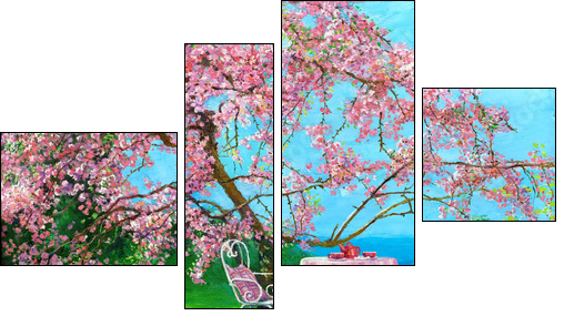 Blossoming plum in a spring garden  - Obraz czteroczęściowy, Fortyk