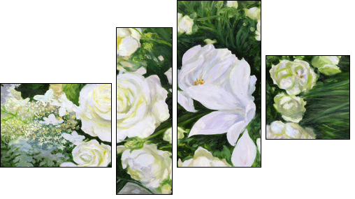 White roses on a green background  - Obraz czteroczęściowy, Fortyk