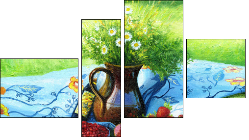 Still-life with camomiles and a strawberry  - Obraz czteroczęściowy, Fortyk