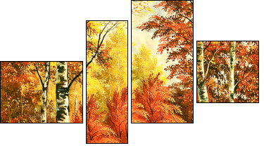 Autumn wood landscape with birches  - Obraz czteroczęściowy, Fortyk