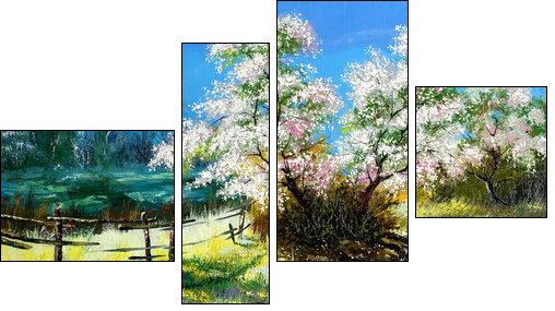 Blossoming bush on rural surburb  - Obraz czteroczęściowy, Fortyk