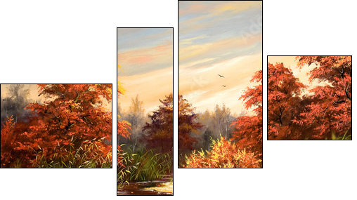 Autumn landscape with the river  - Obraz czteroczęściowy, Fortyk