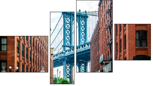 Manhattan Bridge between Manhattan and Brooklyn over East River seen from a narrow alley enclosed by two brick buildings on a sunny day in Washington street in Dumbo, Brooklyn, NYC - Obraz czteroczęściowy, Fortyk