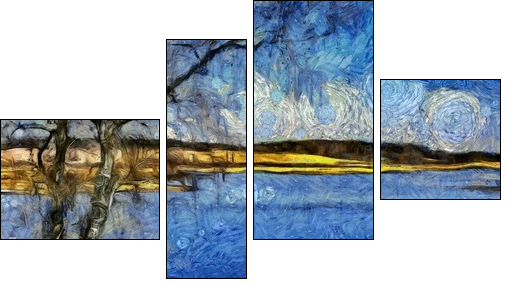 Incredible beauty of nature landscape. Spring season. Impressionism oil painting in Vincent Van Gogh modern style. Creative artistic print for canvas or textile. Wallpaper, poster or postcard design. - Obraz czteroczęściowy, Fortyk