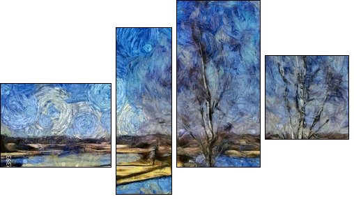 Incredible beauty of nature landscape. Spring season. Impressionism oil painting in Vincent Van Gogh modern style. Creative artistic print for canvas or textile. Wallpaper, poster or postcard design. - Obraz czteroczęściowy, Fortyk