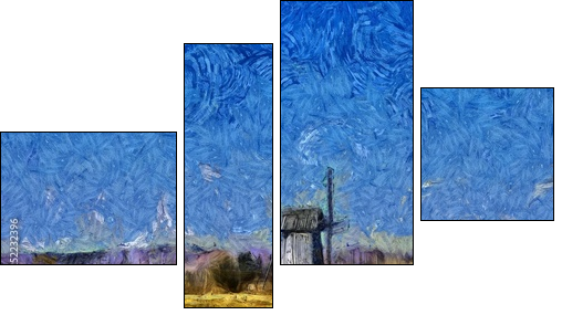 Nature landscape and old historical mill in village. Impressionism oil painting in Vincent Van Gogh modern style. Creative artistic print for canvas or textile. Wallpaper, poster or postcard design. - Obraz czteroczęściowy, Fortyk