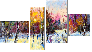 Sunset in winter wood  - Obraz czteroczęściowy, Fortyk