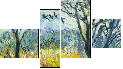 Edge of wood with flying birds  - Obraz czteroczęściowy, Fortyk
