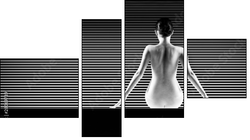 black and white artistic nude; a back silhouette shot on striped  - Obraz czteroczęściowy, Fortyk