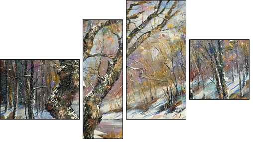 Winter landscape with wood and the river  - Obraz czteroczęściowy, Fortyk