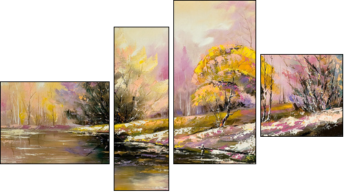 Autumn landscape with snow and the river  - Obraz czteroczęściowy, Fortyk