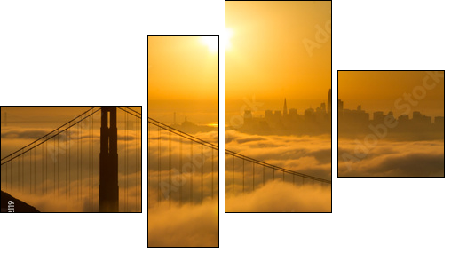 Spectacular Golden Gate Bridge sunrise with low fog and city view - Obraz czteroczęściowy, Fortyk