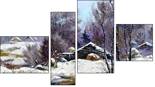 Small house in winter village  - Obraz czteroczęściowy, Fortyk