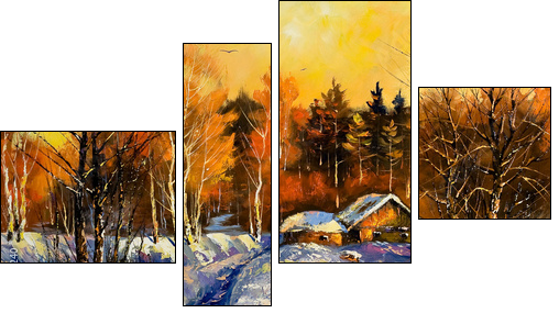 Evening in winter village  - Obraz czteroczęściowy, Fortyk