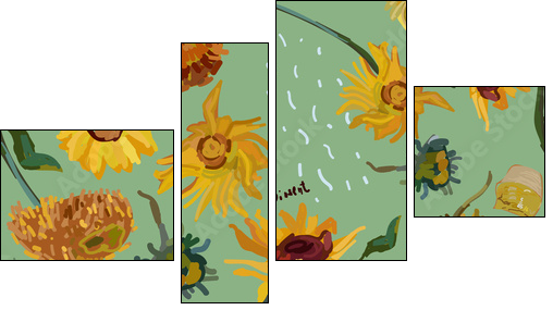 Sunflower flowers on a background of sea green. Vector illustration based on the painting of Van Gogh. - Obraz czteroczęściowy, Fortyk