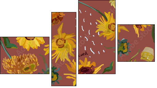 Sunflower flowers on a background of sea green. Vector illustration based on the painting of Van Gogh. - Obraz czteroczęściowy, Fortyk