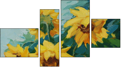 Pole słoneczników malowane na płótnie - Obraz czteroczęściowy, Fortyk