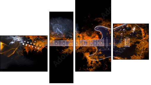 Burning Electric Guitar with reflection in water  - Obraz czteroczęściowy, Fortyk