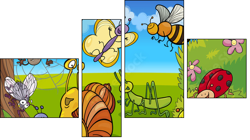 cartoon insects on the meadow  - Obraz czteroczęściowy, Fortyk