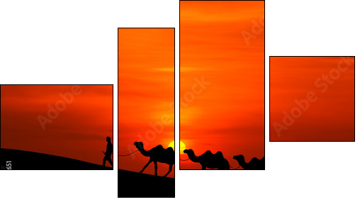 camel caravan sillhouette with sunset  - Obraz czteroczęściowy, Fortyk