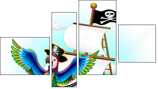 Pappagallo su Nave Pirata Cartoon Pirate Macaw Parrot on Ship  - Obraz czteroczęściowy, Fortyk