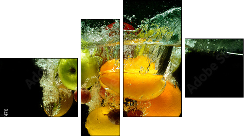 Fruit and vegetables splash into water  - Obraz czteroczęściowy, Fortyk