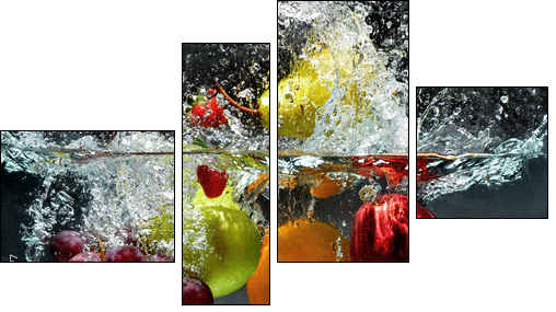 Fruit and vegetables splash into water  - Obraz czteroczęściowy, Fortyk