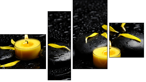 Spa concept-two candle with yellow flower petals on pebbles  - Obraz czteroczęściowy, Fortyk