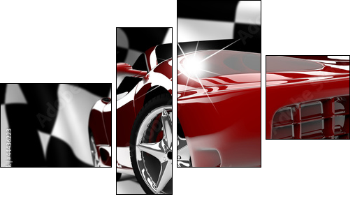Red car on a checkered flag  - Obraz czteroczęściowy, Fortyk