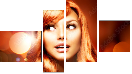 Beautiful Girl With Shiny Red Long Hair over Blinking Background  - Obraz czteroczęściowy, Fortyk