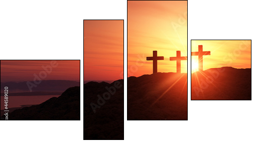 3 Kreuze am HÃ¼gel bei Sonnenuntergang  - Obraz czteroczęściowy, Fortyk