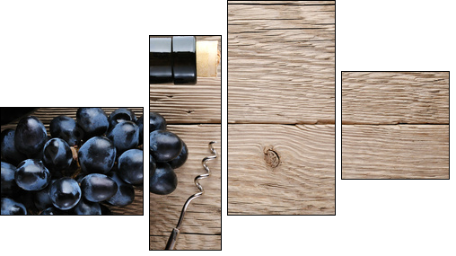 Bottle of wine, corkscrew and grape on wooden background  - Obraz czteroczęściowy, Fortyk