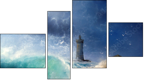 Seascape Wave and lighthouse  - Obraz czteroczęściowy, Fortyk