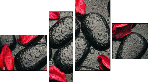 background spa. black stones and red petals with water droplets  - Obraz czteroczęściowy, Fortyk