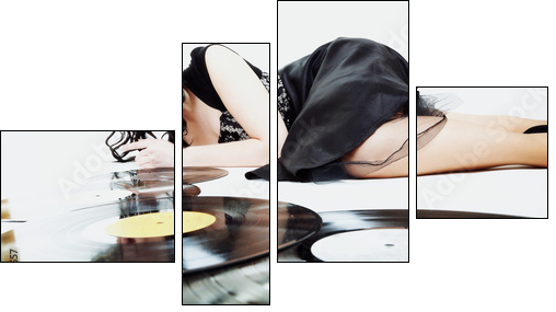Sexy girl with phonography analogue record music lover  - Obraz czteroczęściowy, Fortyk