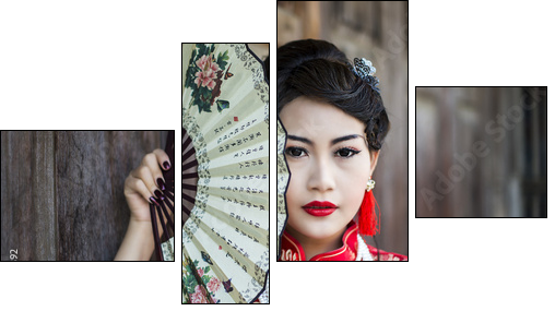 Chinese girl in traditional Chinese cheongsam blessing  - Obraz czteroczęściowy, Fortyk