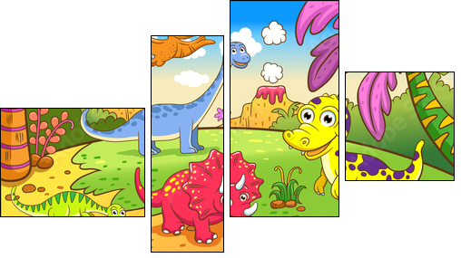 Cute dinosaurs in prehistoric scene  - Obraz czteroczęściowy, Fortyk
