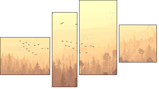 Wild birds in coniferous wood in morning fog.  - Obraz czteroczęściowy, Fortyk