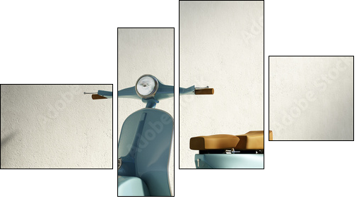 Vintage blue motorcycle vespa, by wall with fallen leaves  - Obraz czteroczęściowy, Fortyk