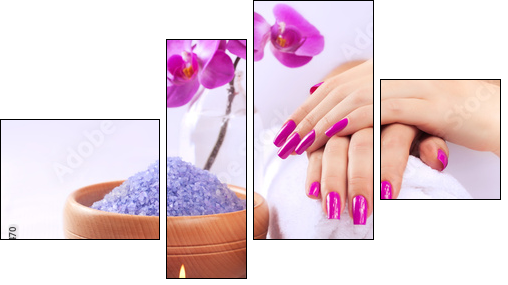 female hands with fragrant orchid and towel. Spa  - Obraz czteroczęściowy, Fortyk