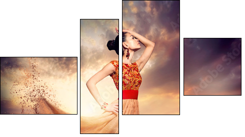 Dancing Fashion Woman wearing Blowing Long Chiffon Dress  - Obraz czteroczęściowy, Fortyk