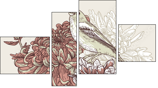 Flowers with bird illustration  - Obraz czteroczęściowy, Fortyk