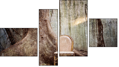 the tree, the old chair and the ruined wall - Grunge textured  - Obraz czteroczęściowy, Fortyk