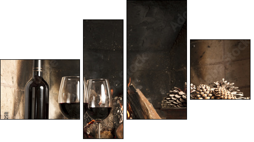Copas de vino y botella de vino tinto, mano, brindis  - Obraz czteroczęściowy, Fortyk