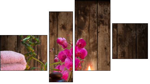 massage - bamboo - orchid, towels, candles stones  - Obraz czteroczęściowy, Fortyk