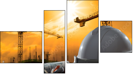 safety helmet and architect pland on wood table with sunset scen  - Obraz czteroczęściowy, Fortyk
