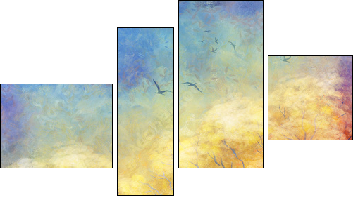 Digital oil painting autumn trees, flying birds  - Obraz czteroczęściowy, Fortyk