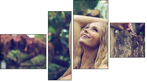 Amazing woman enjoying warm rain  - Obraz czteroczęściowy, Fortyk